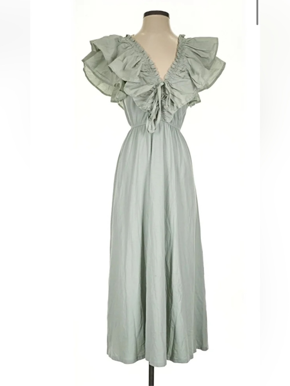 Zara Light Sage Ruffled V-Neck Midi Dress